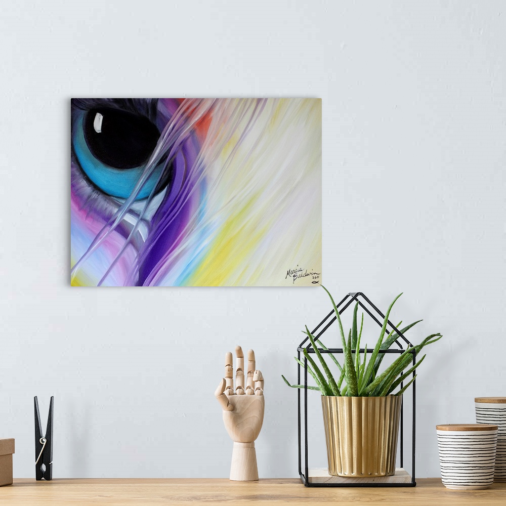 A bohemian room featuring Close-up painting of a horse's bright blue eye with purple, red, and yellow tones around it and w...