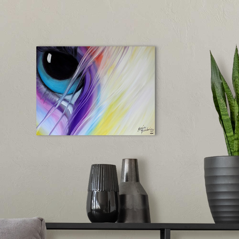 A modern room featuring Close-up painting of a horse's bright blue eye with purple, red, and yellow tones around it and w...