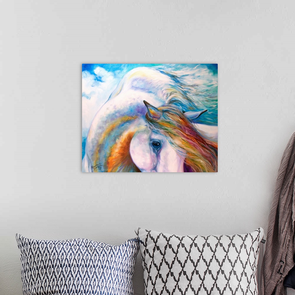 A bohemian room featuring Contemporary painting of an angelic horse in rainbow colors and soft brushstrokes.