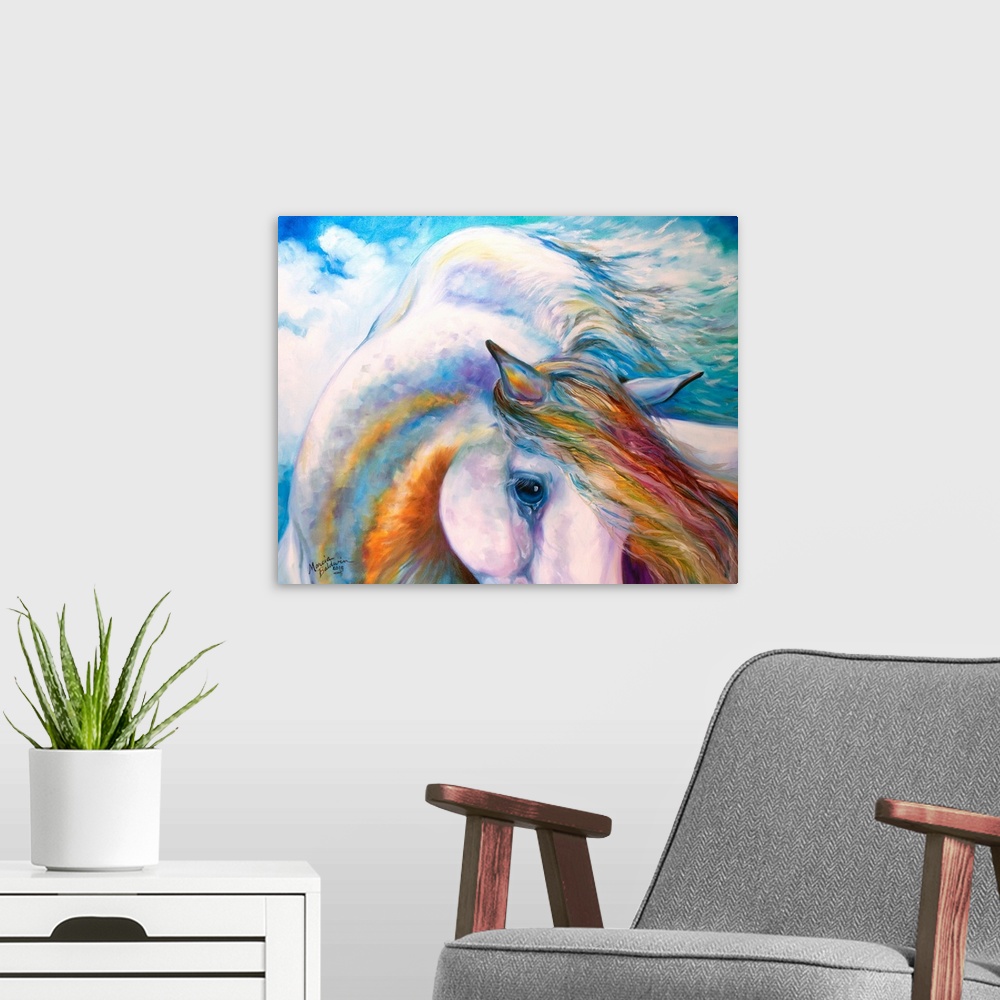 A modern room featuring Contemporary painting of an angelic horse in rainbow colors and soft brushstrokes.
