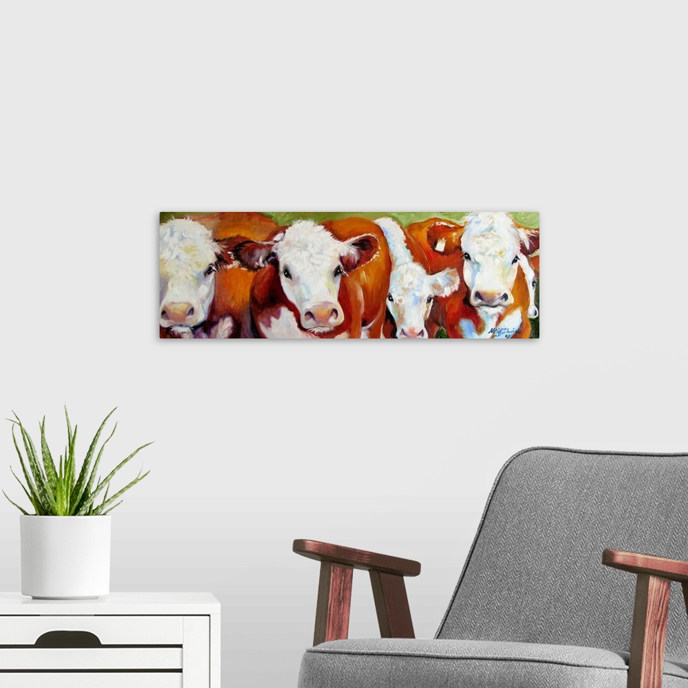 A modern room featuring Panoramic painting of five cows standing next to each other in a row with a green background.