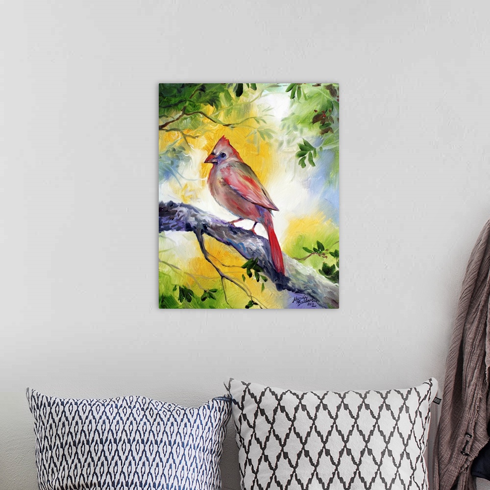 A bohemian room featuring Contemporary painting of a female cardinal perched on a branch with leaves and branches all aroun...
