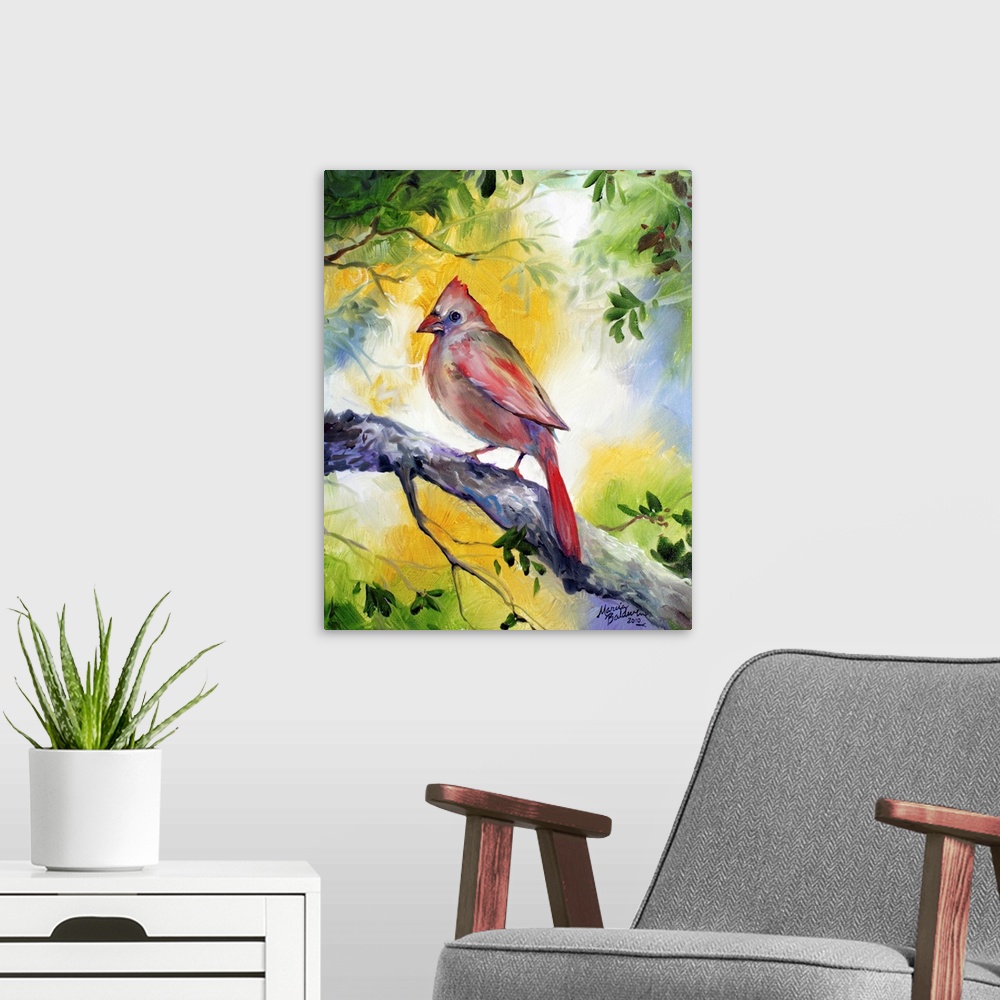 A modern room featuring Contemporary painting of a female cardinal perched on a branch with leaves and branches all aroun...