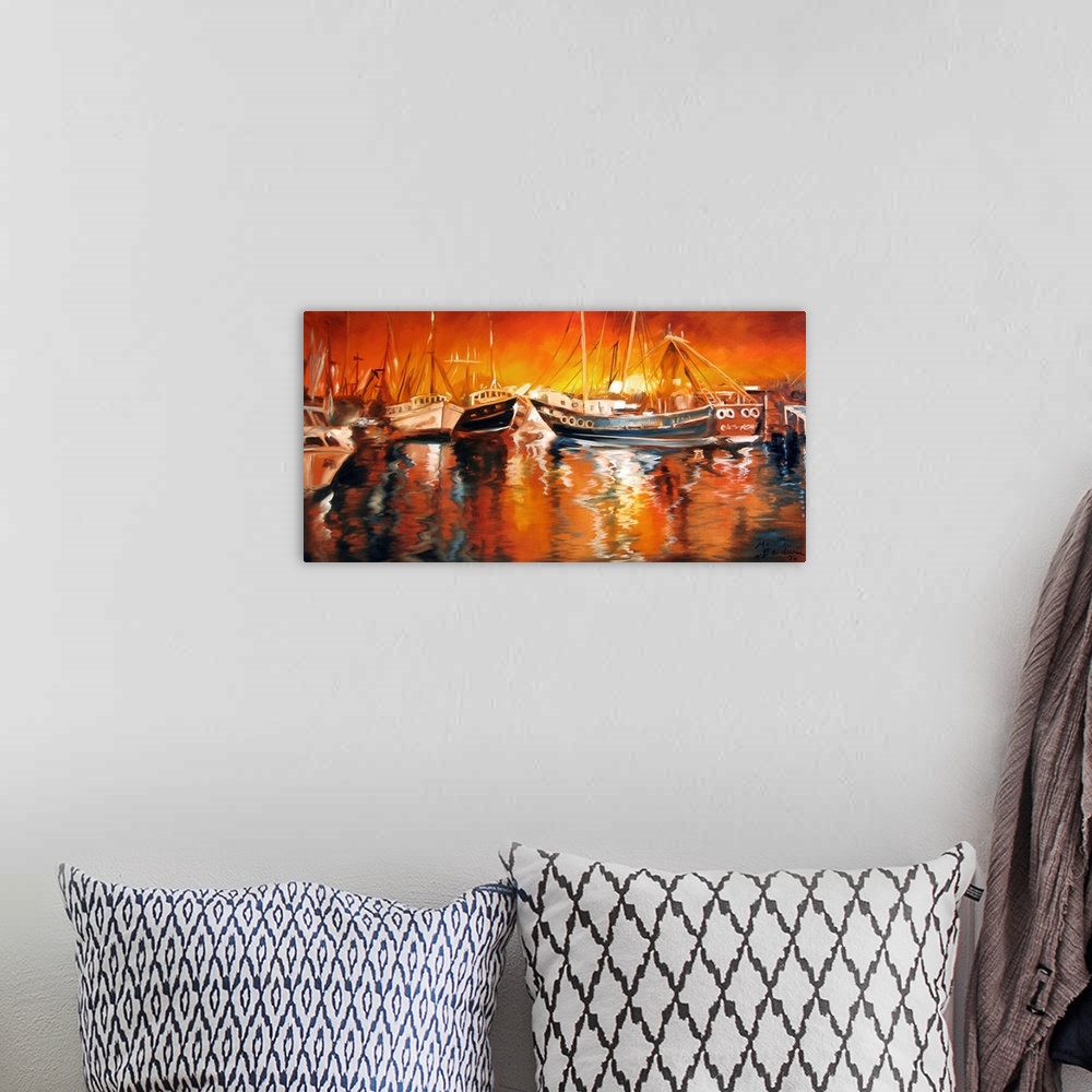 A bohemian room featuring Sunset waterscape of Louisiana, fishing boats at dusk.