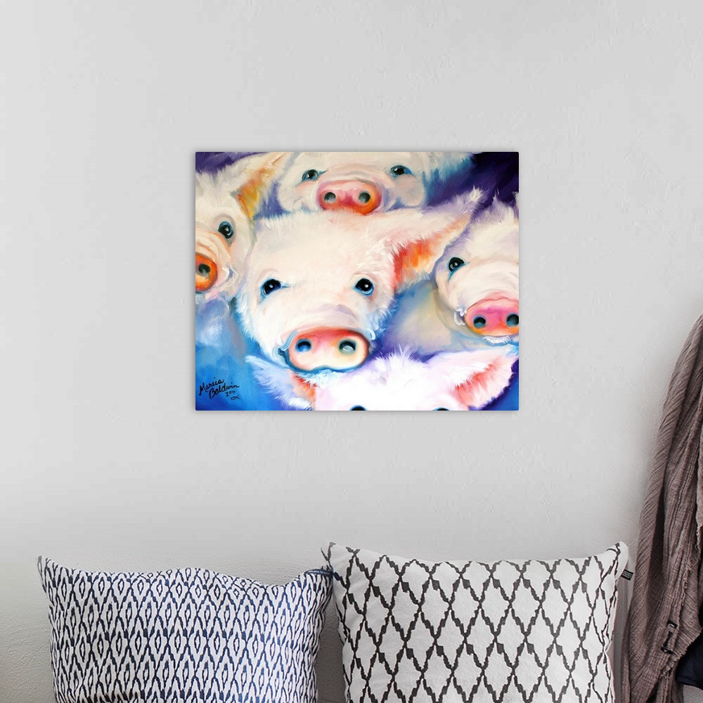A bohemian room featuring Contemporary painting of five pink piglets with a blue and purple background.