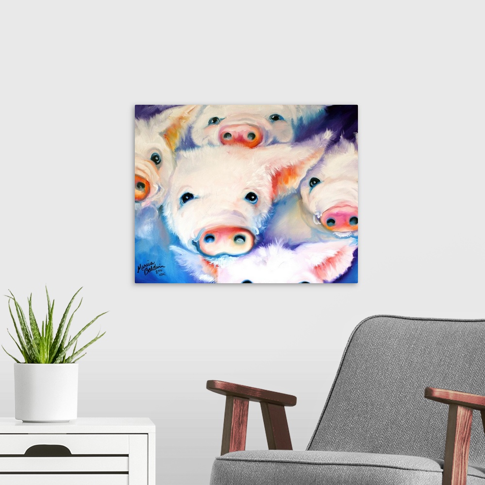 A modern room featuring Contemporary painting of five pink piglets with a blue and purple background.