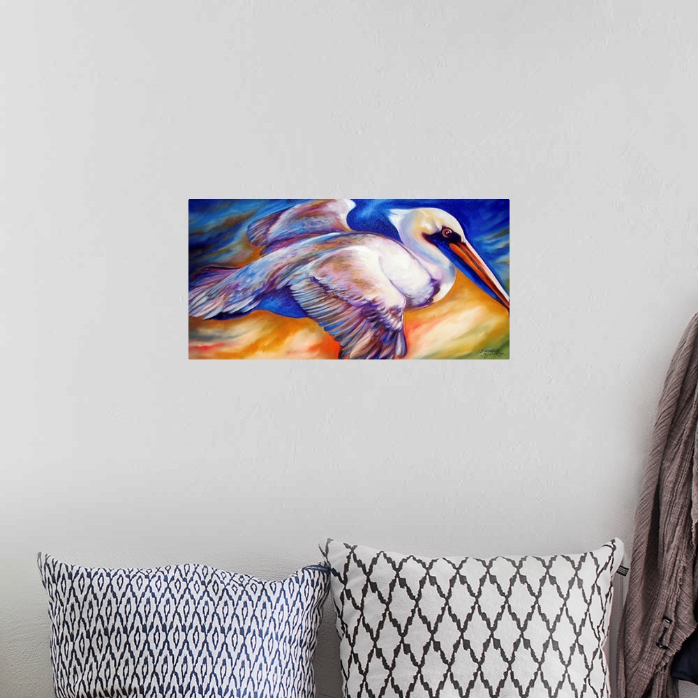 A bohemian room featuring Contemporary painting of a pelican in flight with a colorful background.