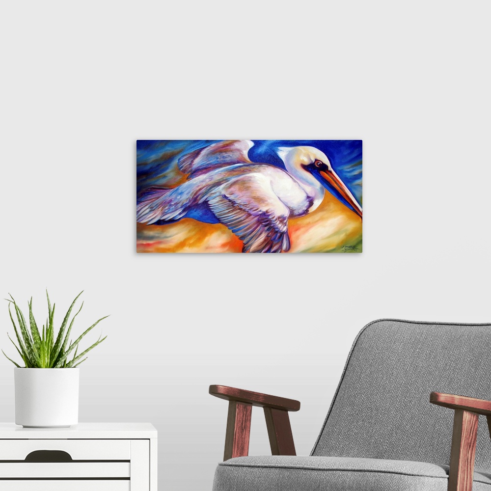A modern room featuring Contemporary painting of a pelican in flight with a colorful background.