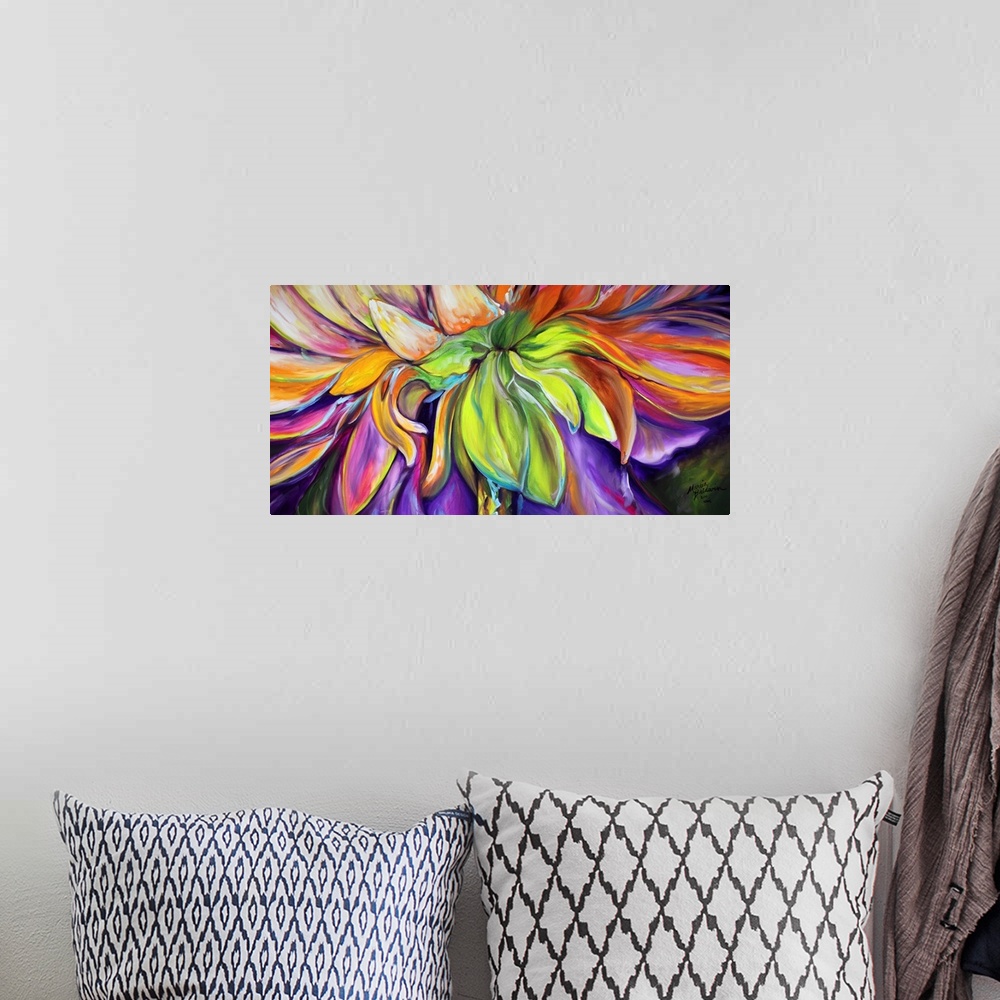 A bohemian room featuring Abstract painting of the gerbera daisy in purple, orange, green, pink, and yellow hues.