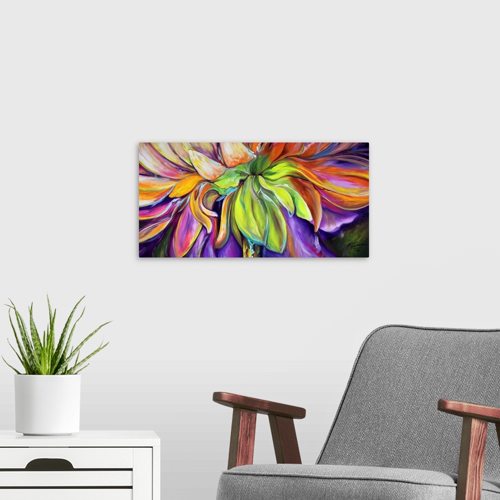 A modern room featuring Abstract painting of the gerbera daisy in purple, orange, green, pink, and yellow hues.
