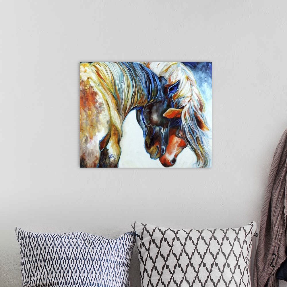 A bohemian room featuring Contemporary painting of two colorful horses nuzzling their heads together.