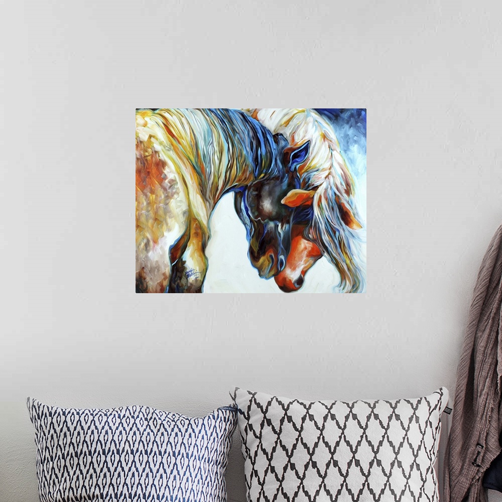 A bohemian room featuring Contemporary painting of two colorful horses nuzzling their heads together.
