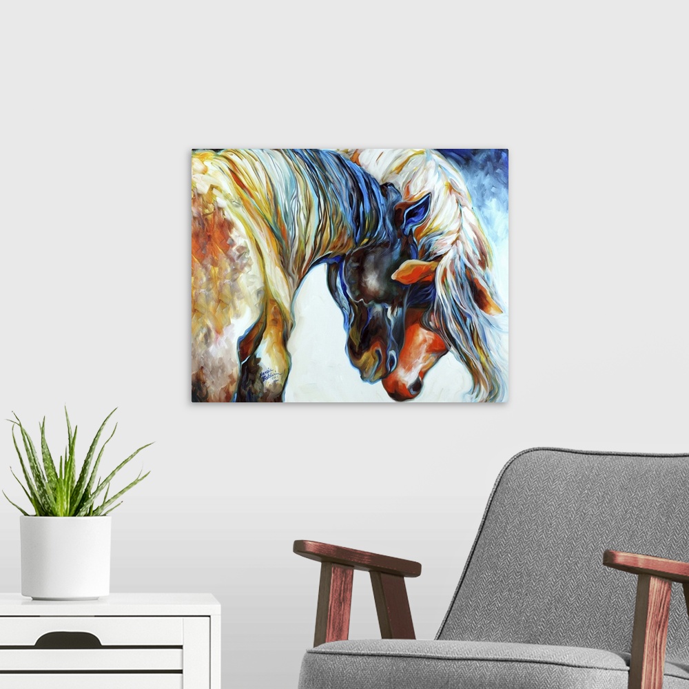 A modern room featuring Contemporary painting of two colorful horses nuzzling their heads together.