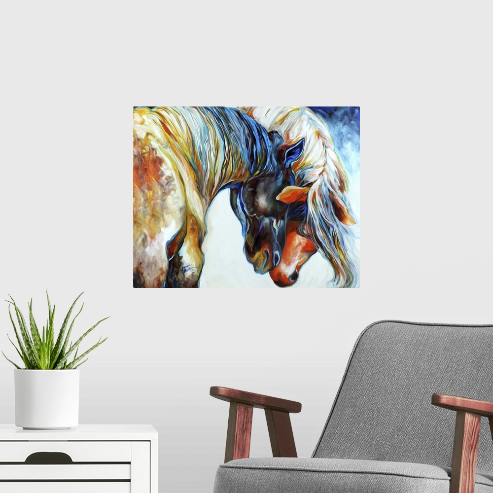 A modern room featuring Contemporary painting of two colorful horses nuzzling their heads together.