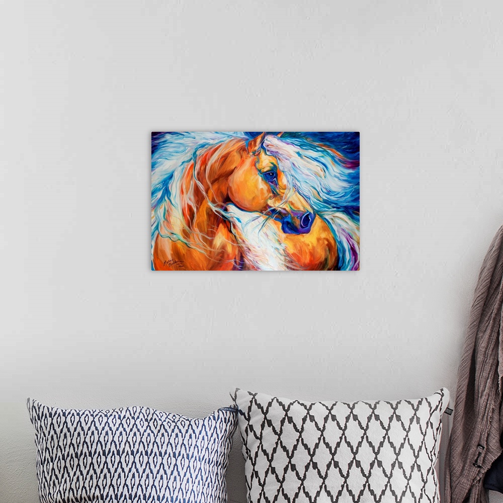 A bohemian room featuring Abstract painting of a Palomino horse with a golden body and a white mane with blue and purple to...