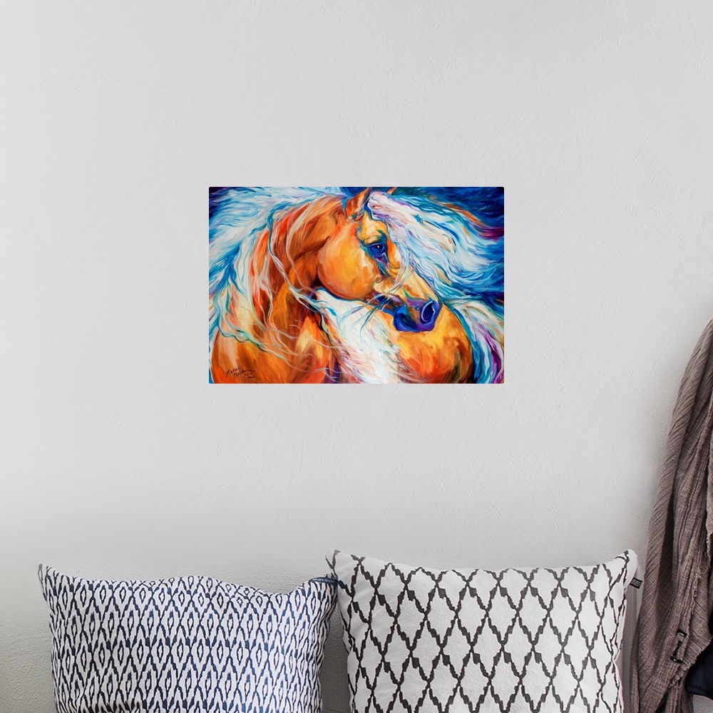 A bohemian room featuring Abstract painting of a Palomino horse with a golden body and a white mane with blue and purple to...