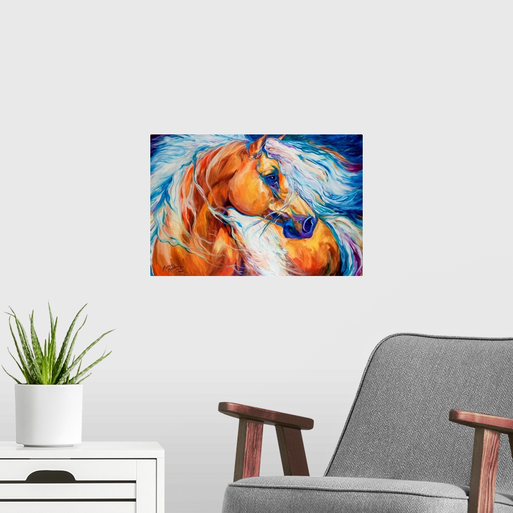 A modern room featuring Abstract painting of a Palomino horse with a golden body and a white mane with blue and purple to...