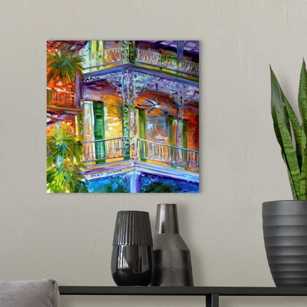 A modern room featuring Contemporary square painting depicting a scene in the French Quarters of New Orleans.