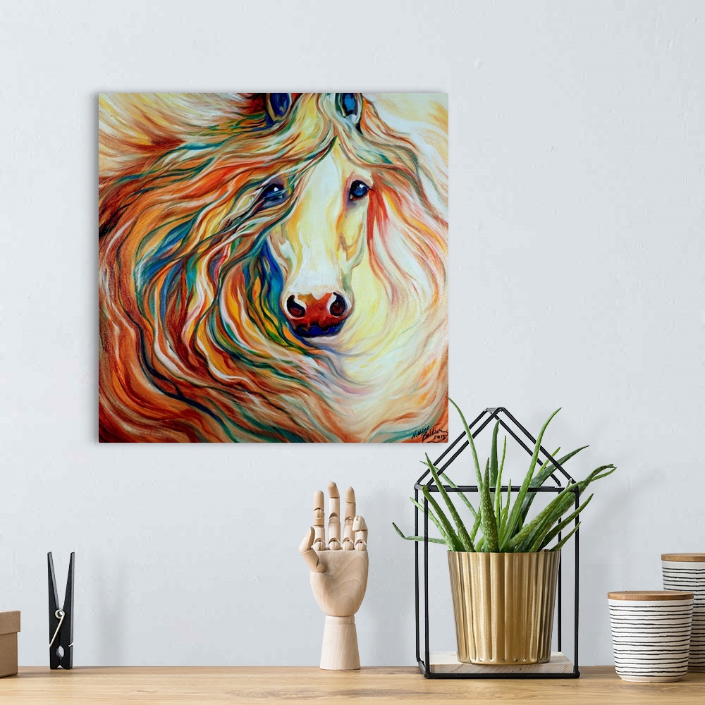 A bohemian room featuring Square painting of a horse with a beautiful flowing mane in brown, red, orange, yellow, blue, and...