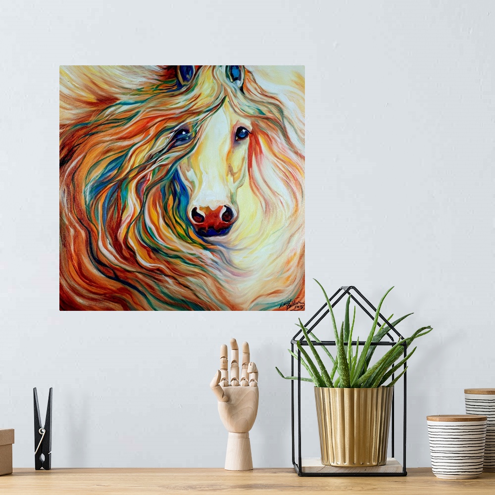 A bohemian room featuring Square painting of a horse with a beautiful flowing mane in brown, red, orange, yellow, blue, and...