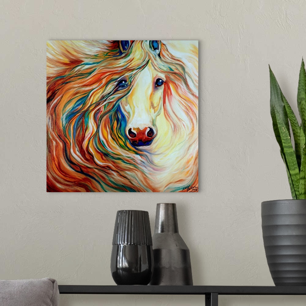 A modern room featuring Square painting of a horse with a beautiful flowing mane in brown, red, orange, yellow, blue, and...