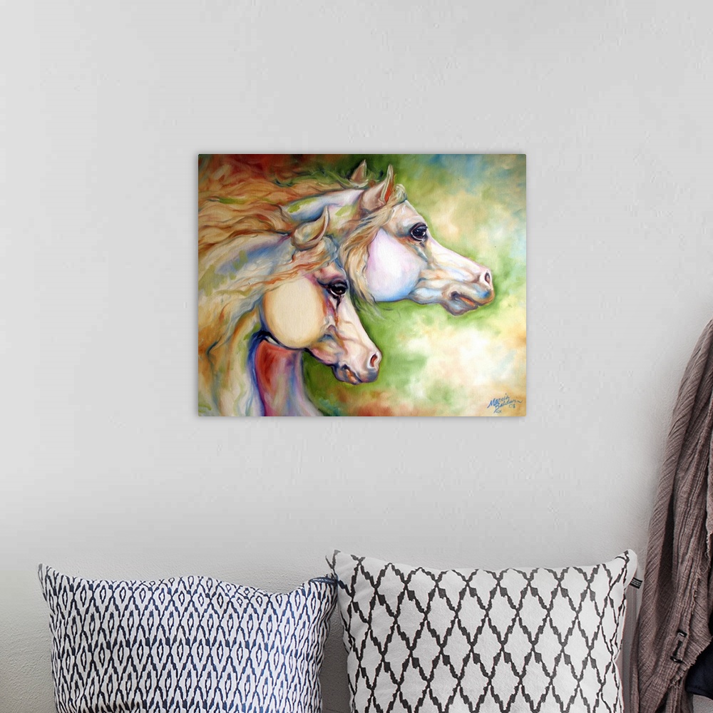 A bohemian room featuring Contemporary panting of two horses with pastel colors.