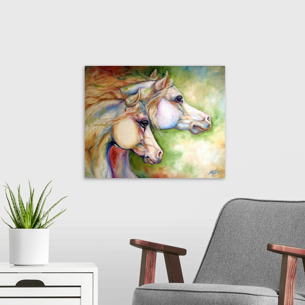 A modern room featuring Contemporary panting of two horses with pastel colors.