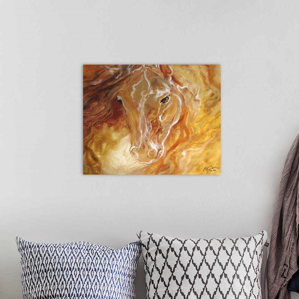 A bohemian room featuring Golden abstract painting of a horse's head with sublime brushwork and hints of burnt umber and bu...
