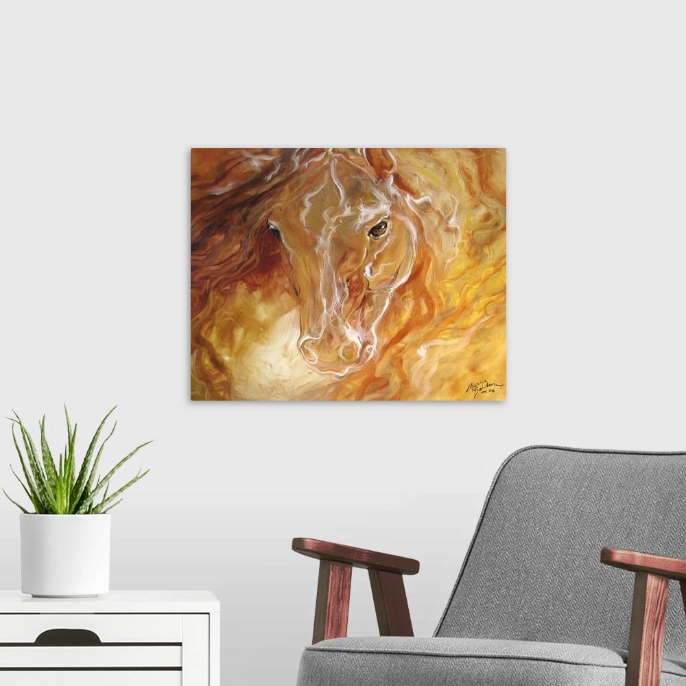 A modern room featuring Golden abstract painting of a horse's head with sublime brushwork and hints of burnt umber and bu...