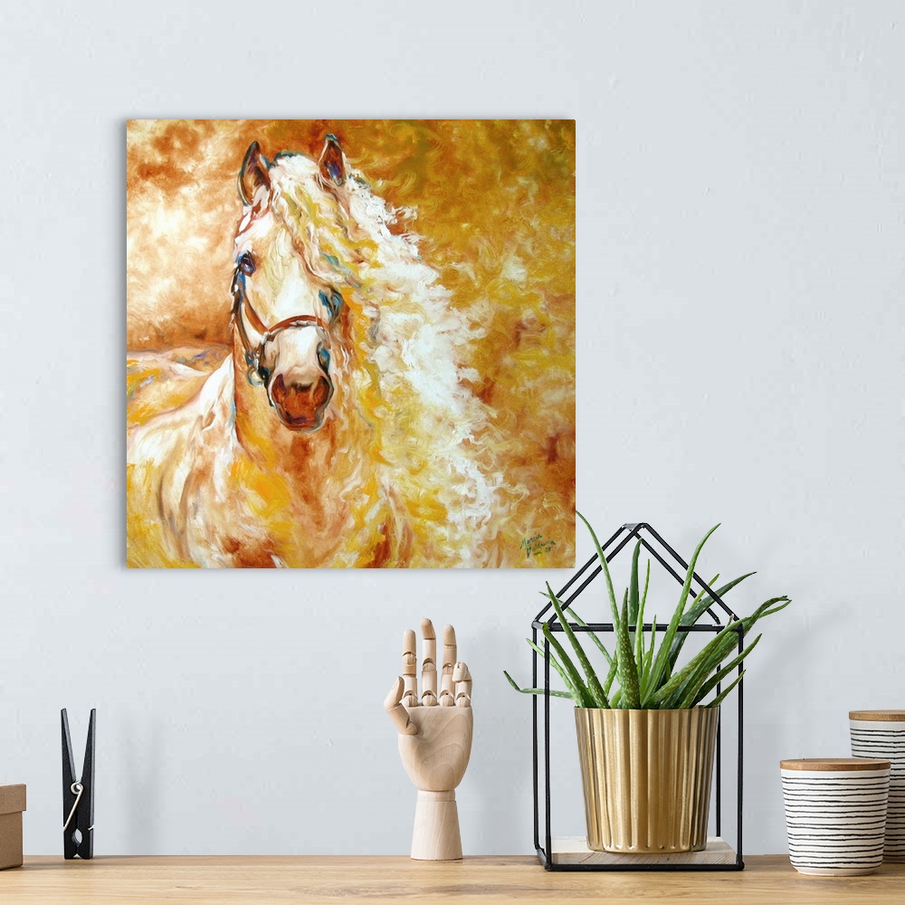 A bohemian room featuring The beautiful equine breed, the Andalusian, captured in warm golden tones on a square canvas.