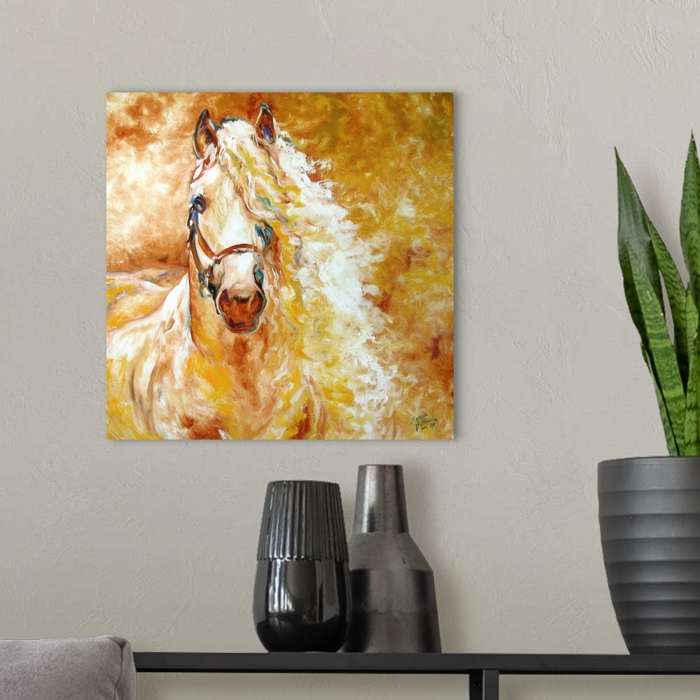 A modern room featuring The beautiful equine breed, the Andalusian, captured in warm golden tones on a square canvas.
