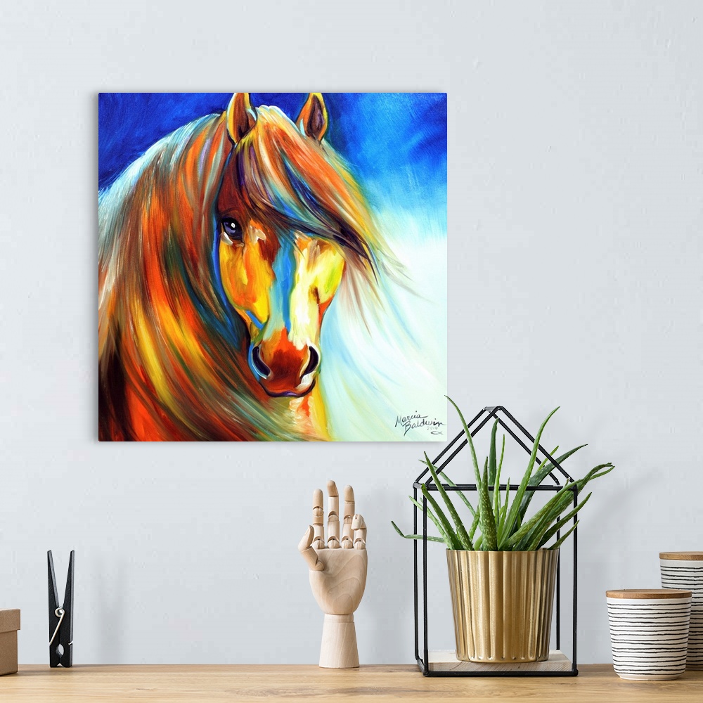 A bohemian room featuring Square painting of a golden Gypsy Vanner horse with a beautiful mane and orange, red, yellow, and...