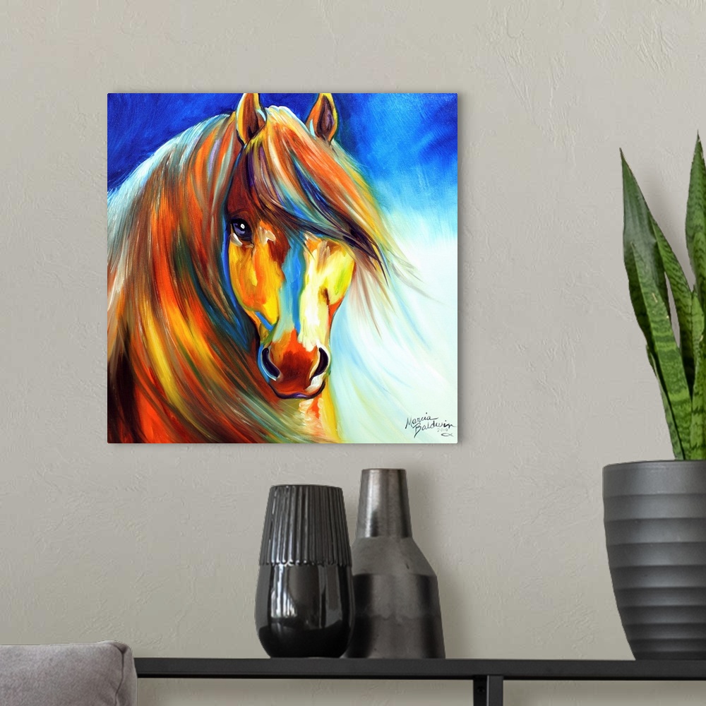 A modern room featuring Square painting of a golden Gypsy Vanner horse with a beautiful mane and orange, red, yellow, and...