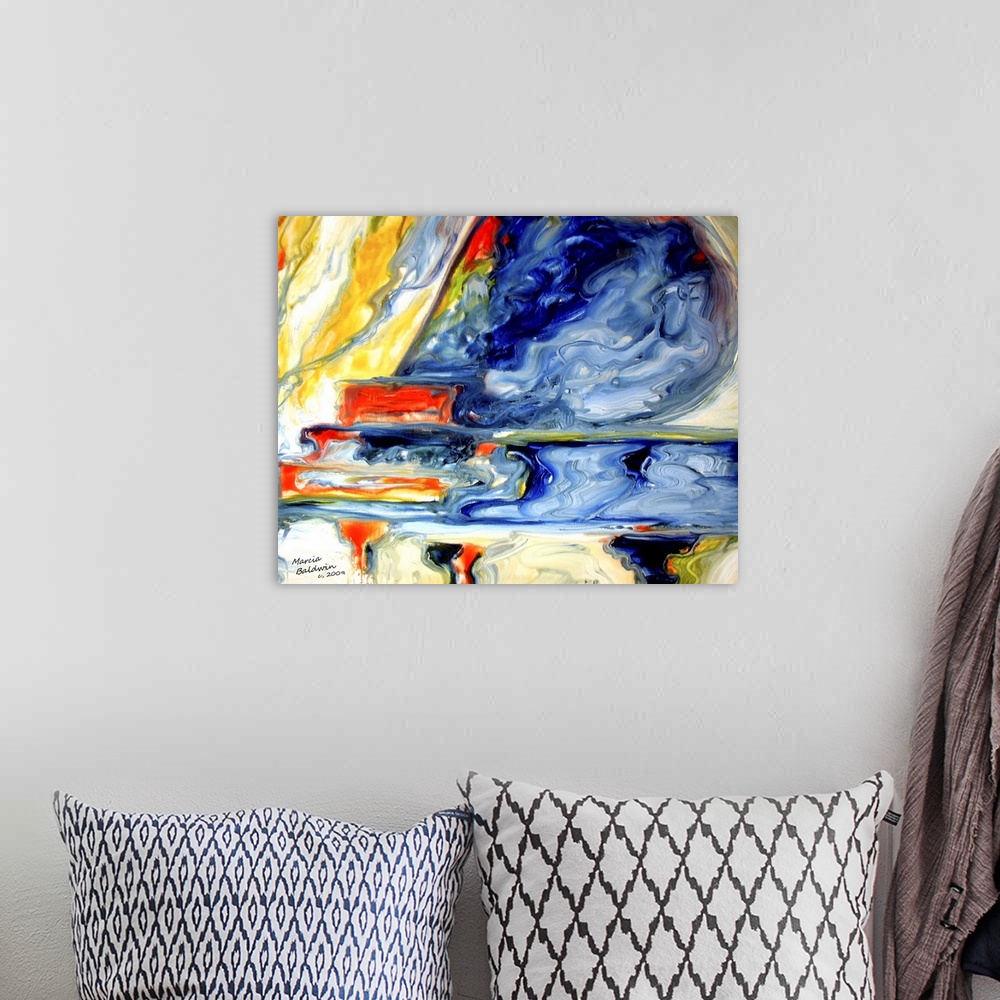 A bohemian room featuring Abstract painting of a grand piano created with vibrant, marbling colors.