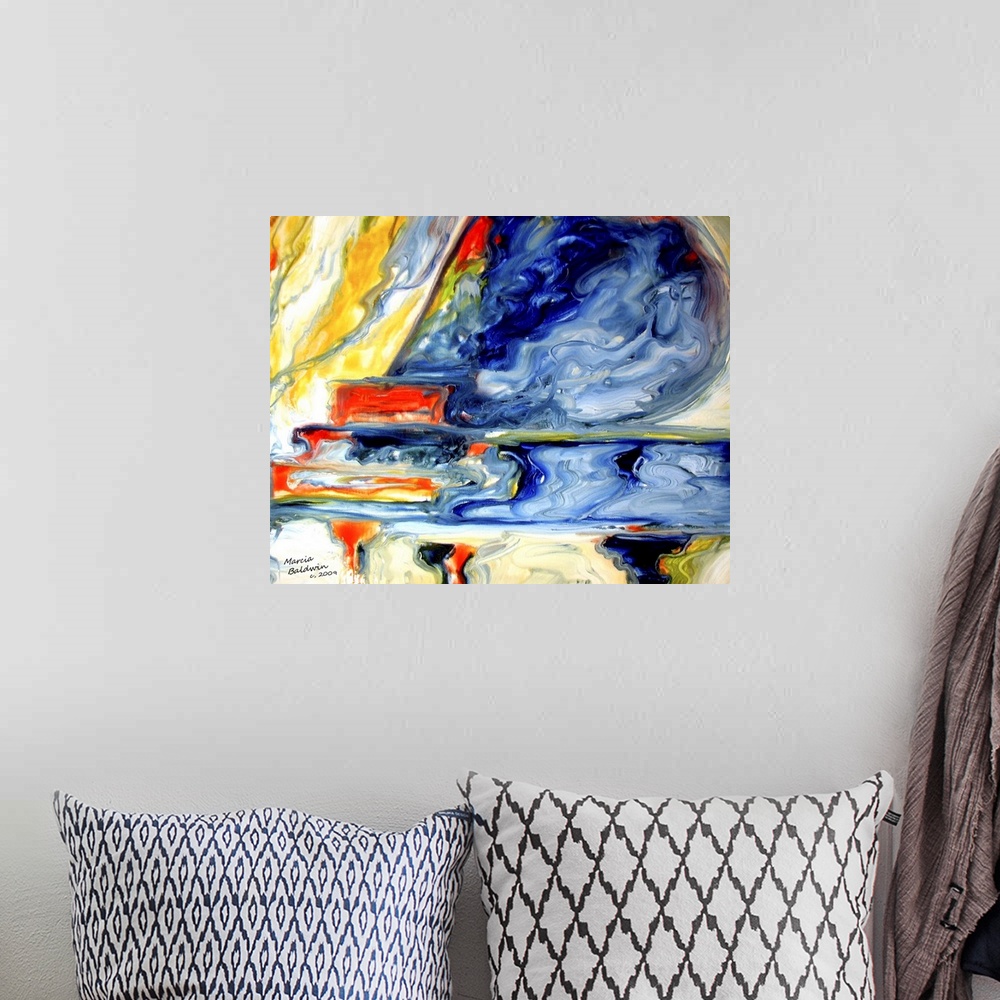 A bohemian room featuring Abstract painting of a grand piano created with vibrant, marbling colors.