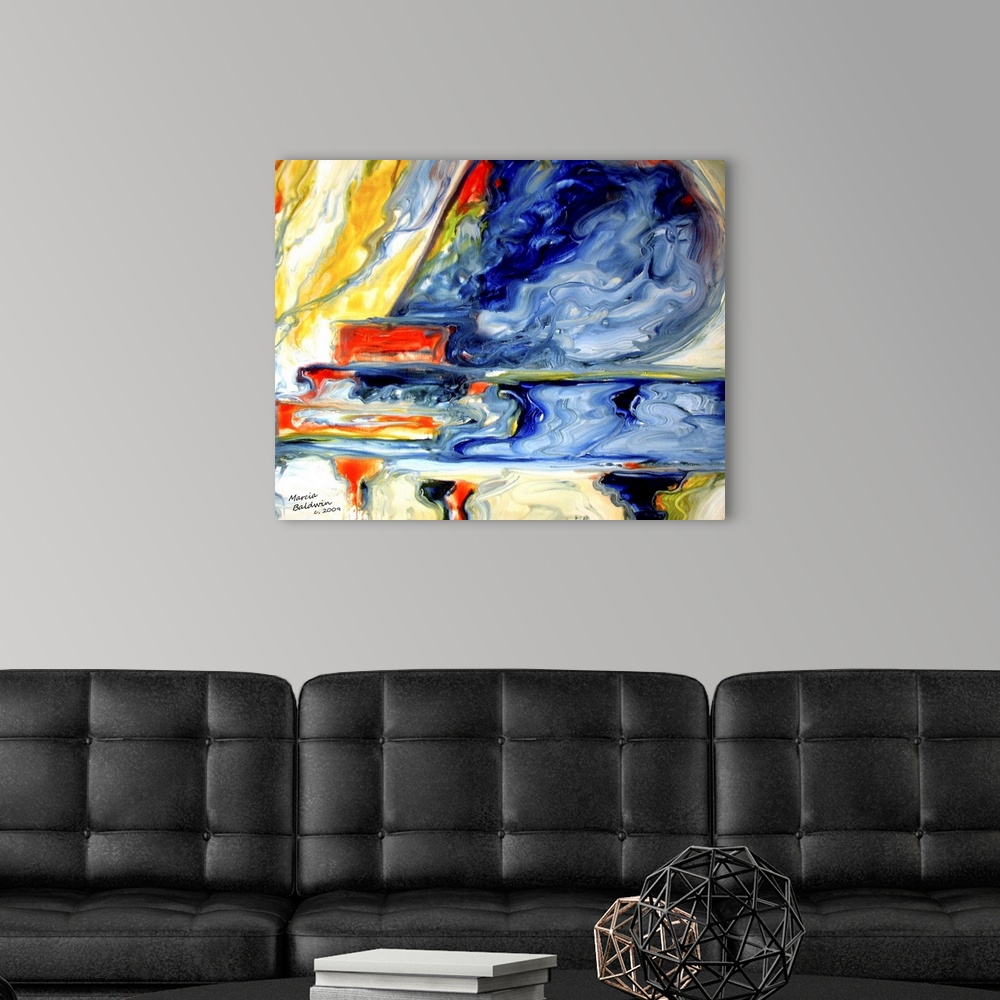A modern room featuring Abstract painting of a grand piano created with vibrant, marbling colors.
