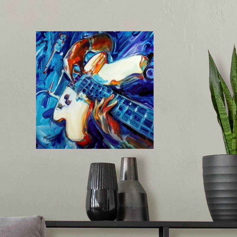 A modern room featuring Abstract painting of a guitarist from a unique point of view made with blue, red, and orange hues...