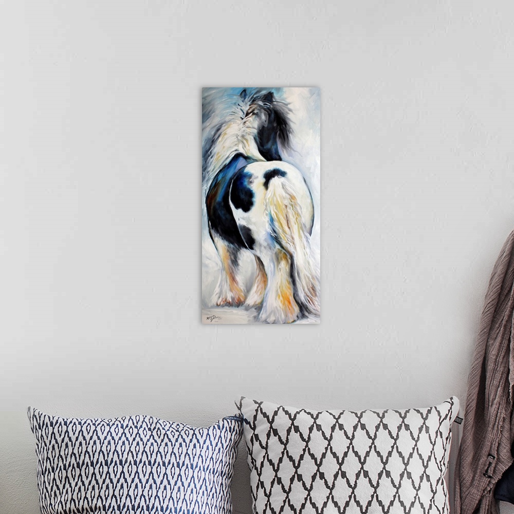 A bohemian room featuring Panel panting of a black and white Gypsy Vanner  horse with both cool and warm highlights and sha...