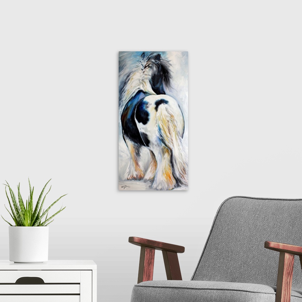 A modern room featuring Panel panting of a black and white Gypsy Vanner  horse with both cool and warm highlights and sha...