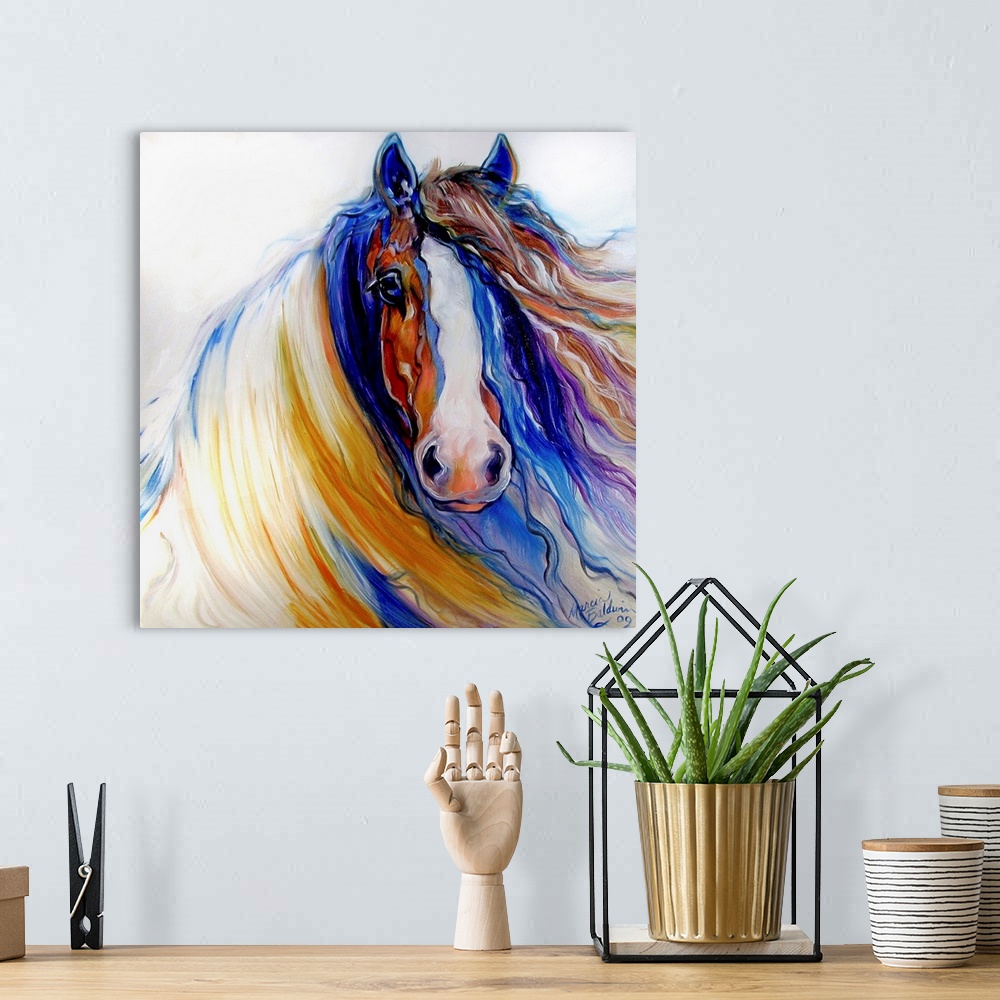 A bohemian room featuring Contemporary square painting of the Gypsy Vanner with a strong and bold face and gorgeous long ma...