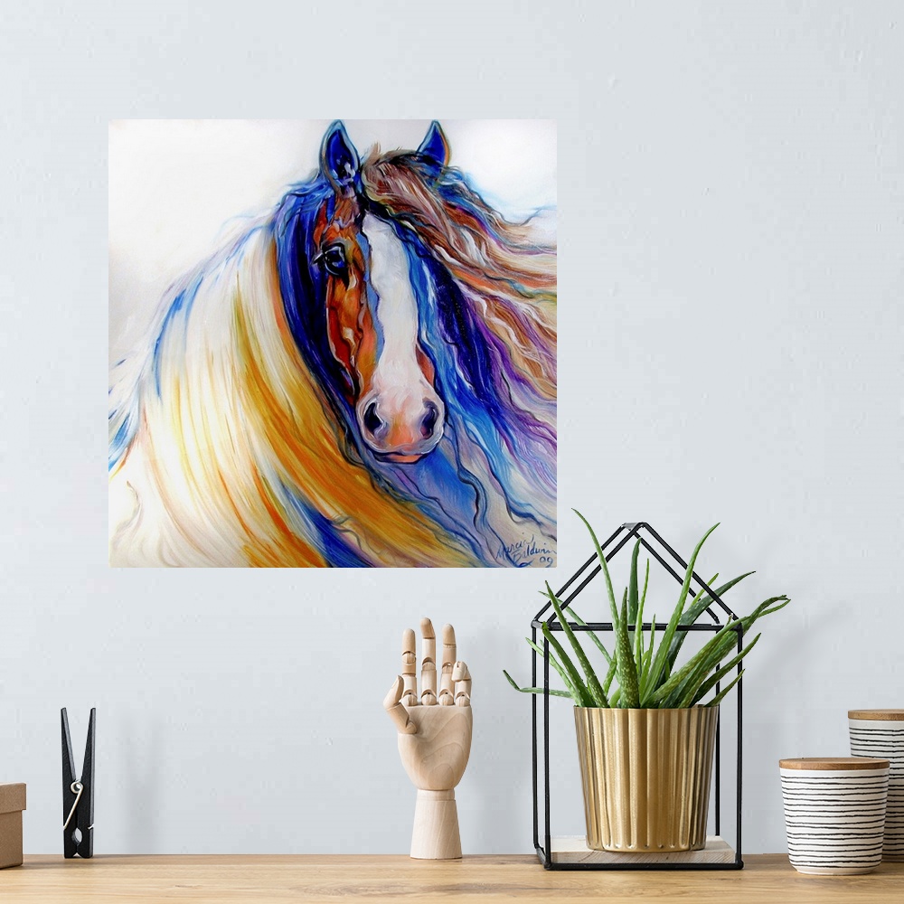 A bohemian room featuring Contemporary square painting of the Gypsy Vanner with a strong and bold face and gorgeous long ma...