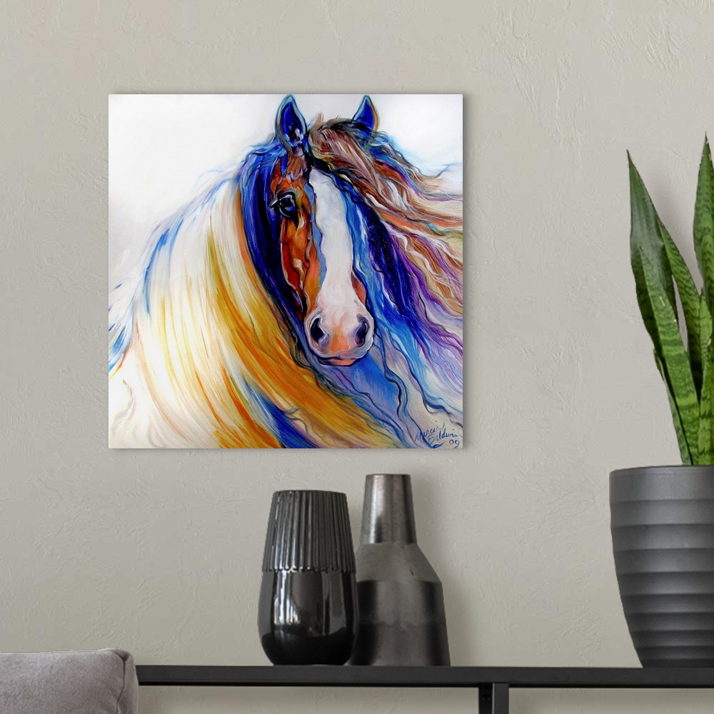 A modern room featuring Contemporary square painting of the Gypsy Vanner with a strong and bold face and gorgeous long ma...