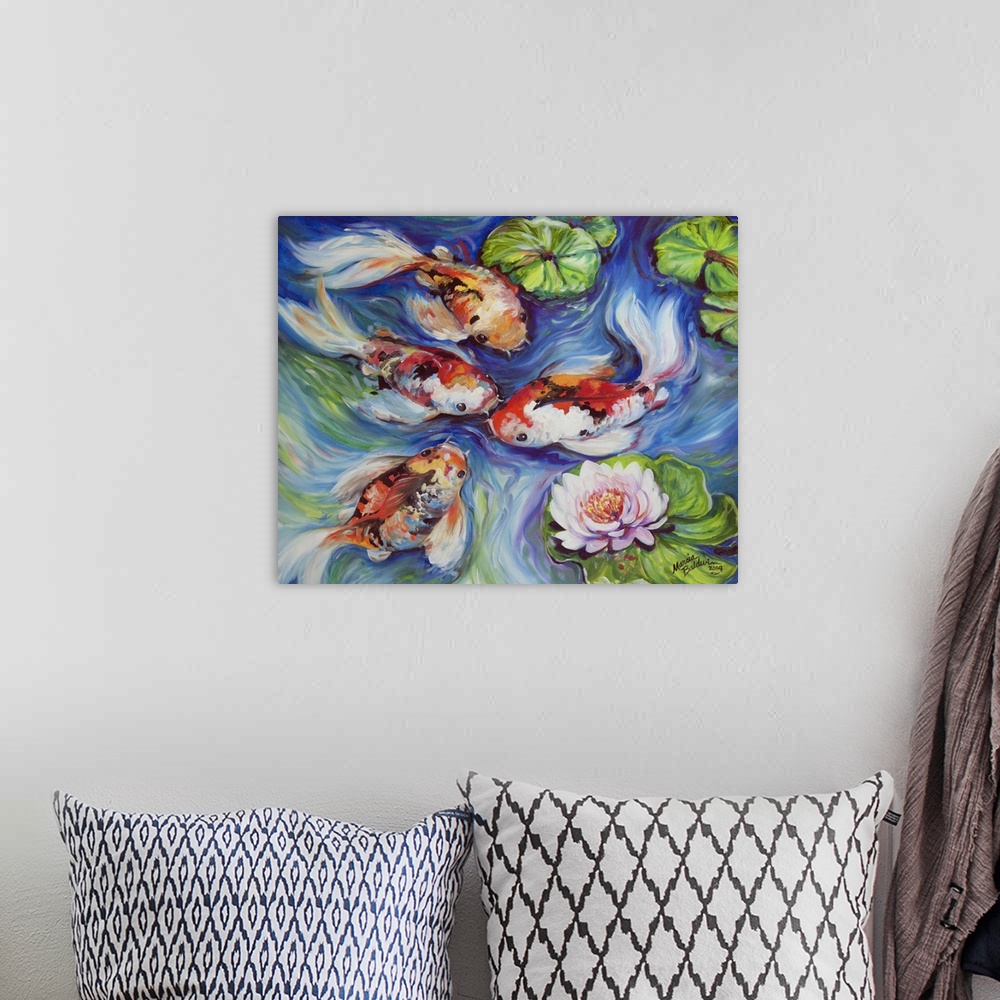A bohemian room featuring A painting of koi fish and a waterlily blossom in blue swirling waters.  Peace and tranquility.