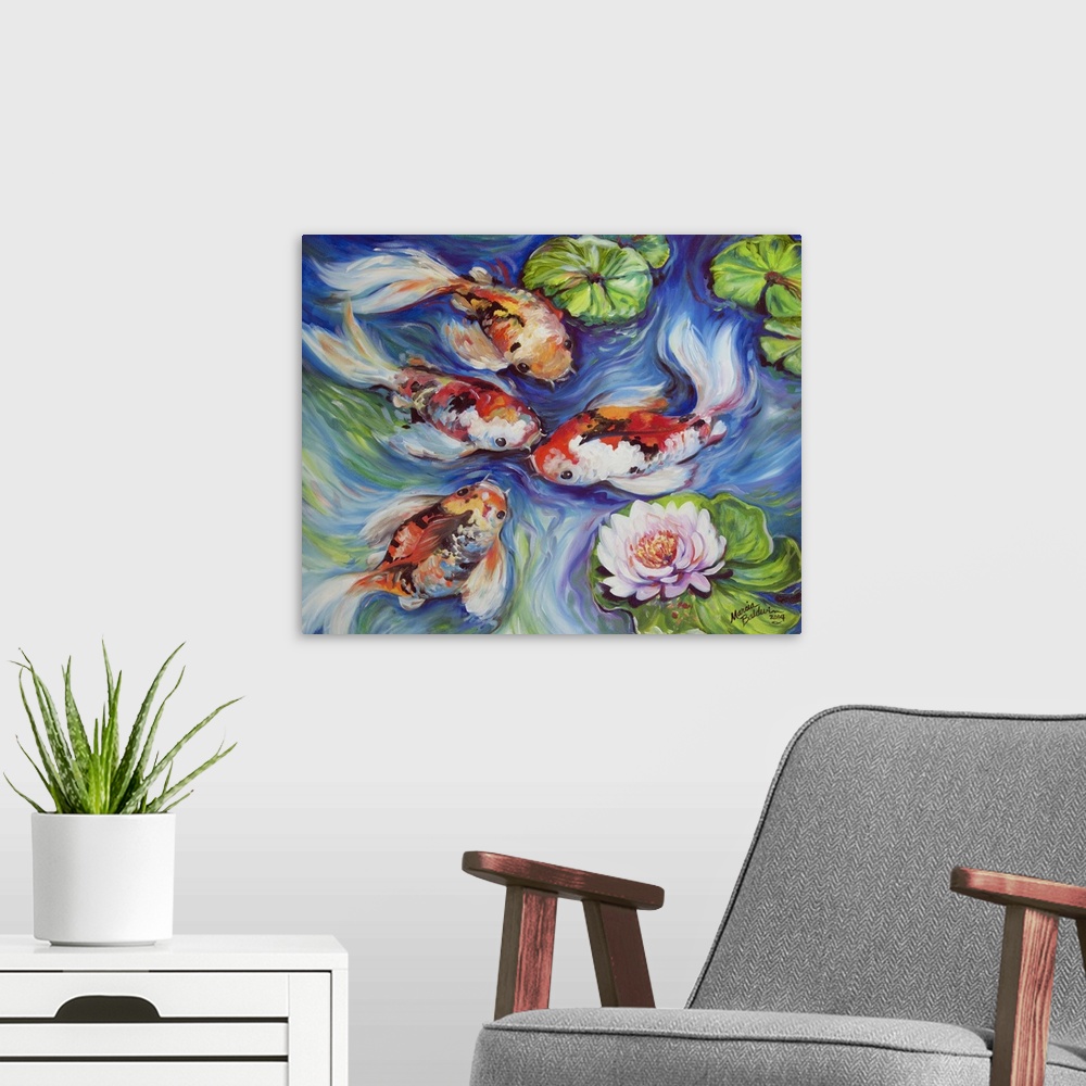 A modern room featuring A painting of koi fish and a waterlily blossom in blue swirling waters.  Peace and tranquility.