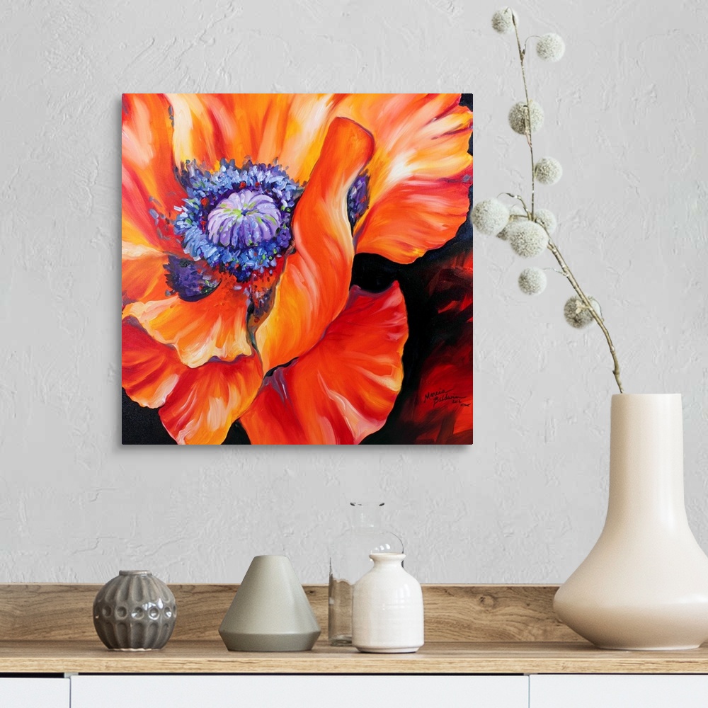 A farmhouse room featuring A floral abstract of a red poppy on a square canvas.
