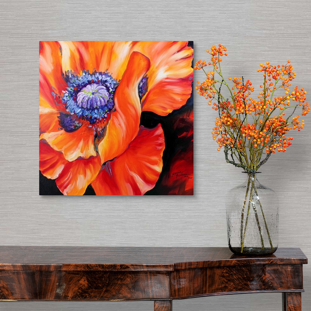 A traditional room featuring A floral abstract of a red poppy on a square canvas.