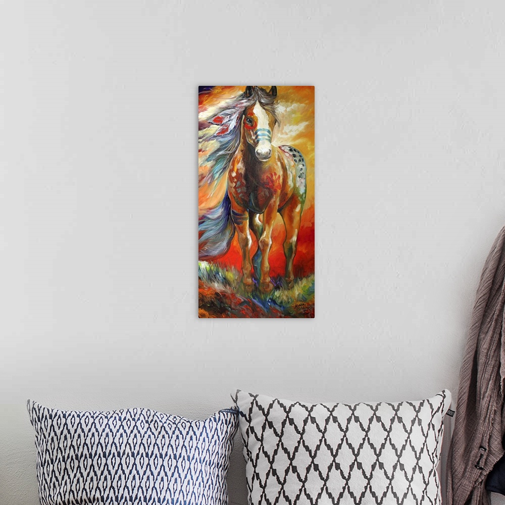 A bohemian room featuring Large panel painting of an Indian War Pony standing up on high plains in warm tones.