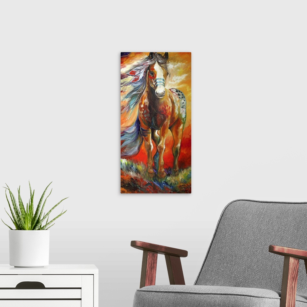 A modern room featuring Large panel painting of an Indian War Pony standing up on high plains in warm tones.