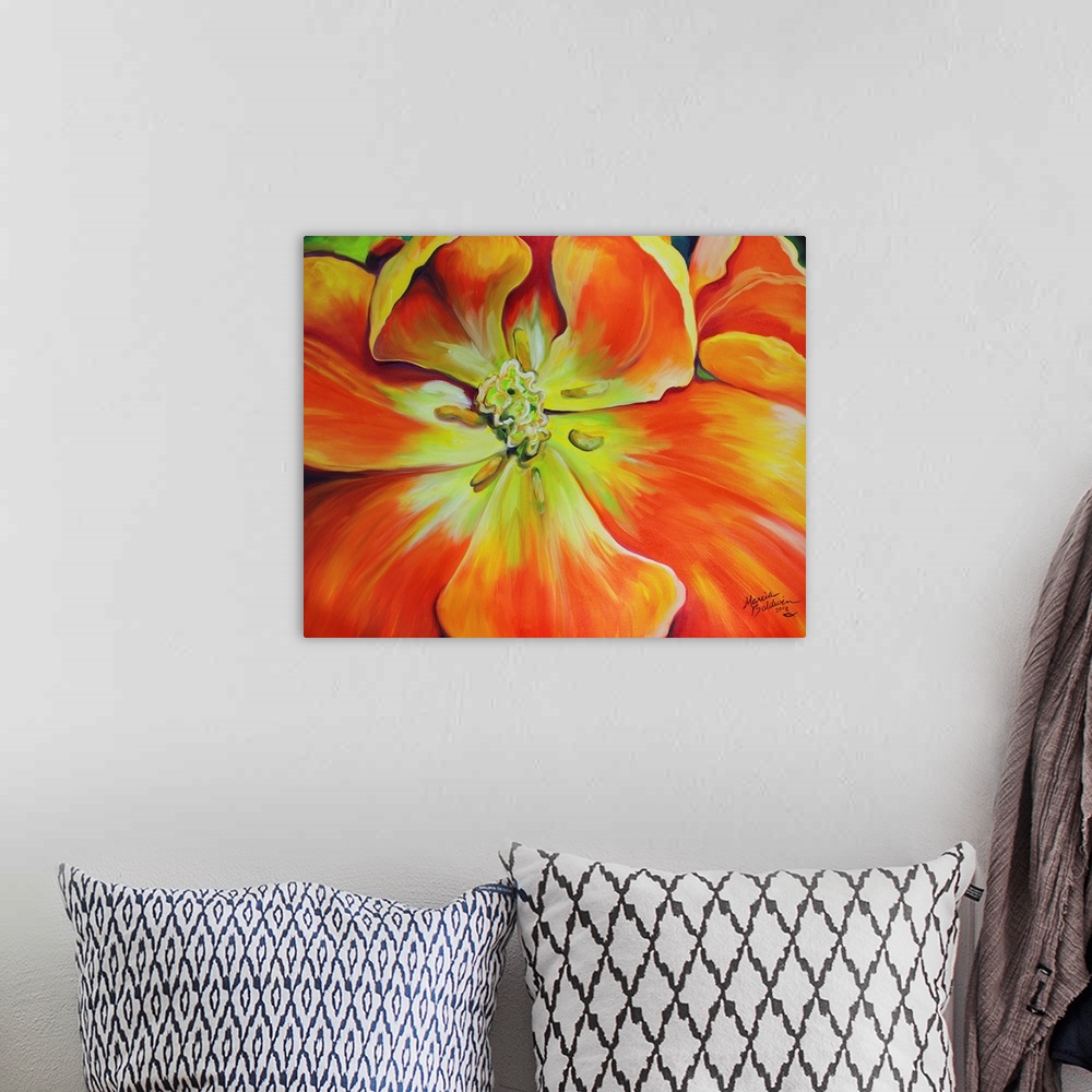 A bohemian room featuring Close-up painting of an orange and yellow tulip with a green background.