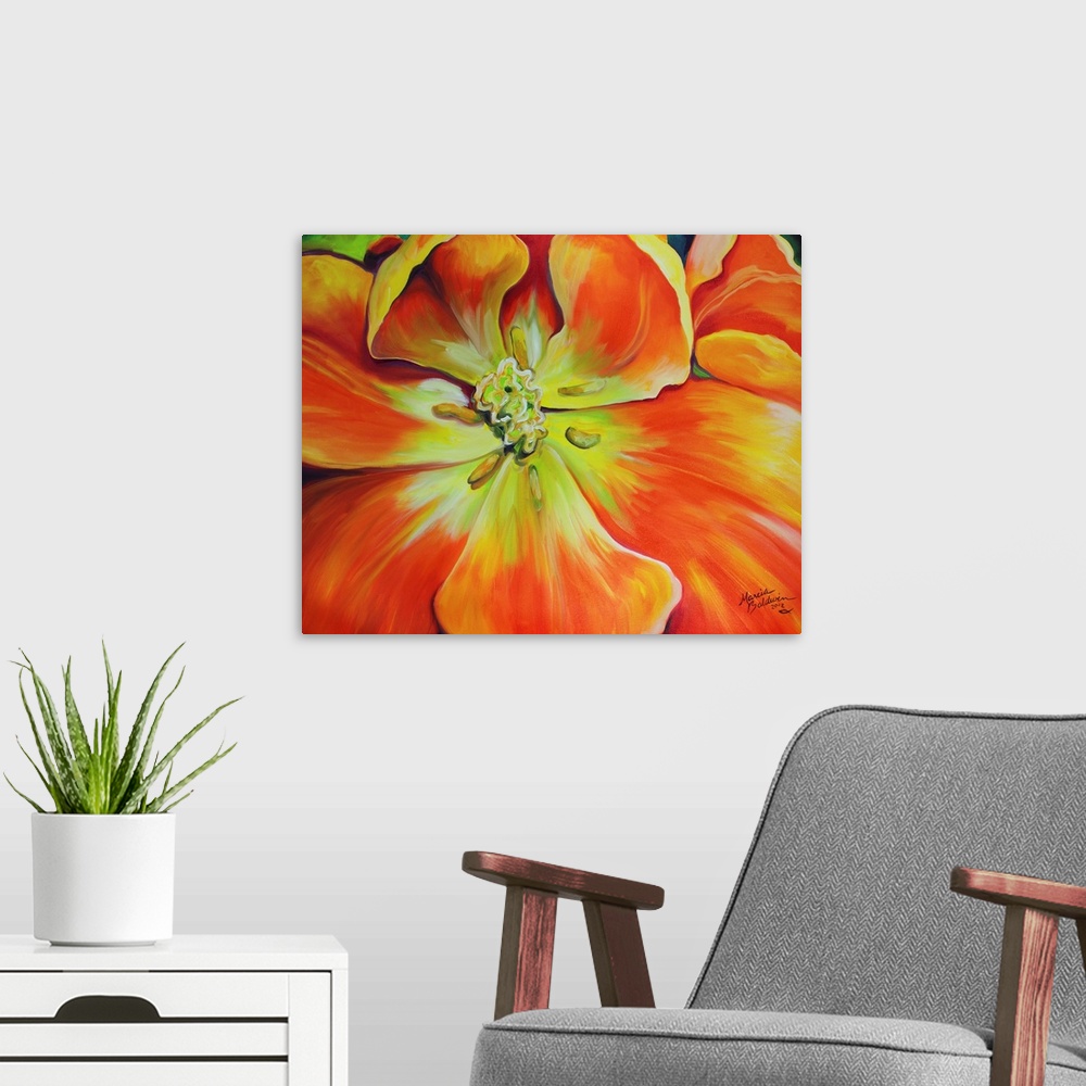 A modern room featuring Close-up painting of an orange and yellow tulip with a green background.